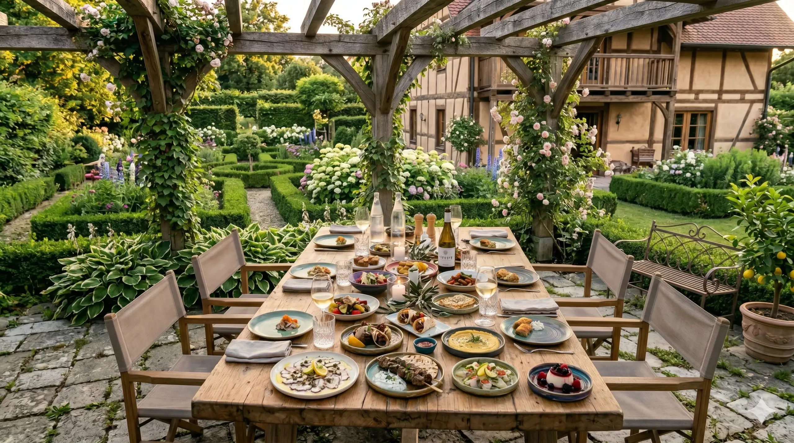 Griechischer Meze Abend Catering Frankenthal Ein elegant gedeckter Meze Tisch im sommerlichen Garten für ein exklusives Private Dinner in Frankenthal.