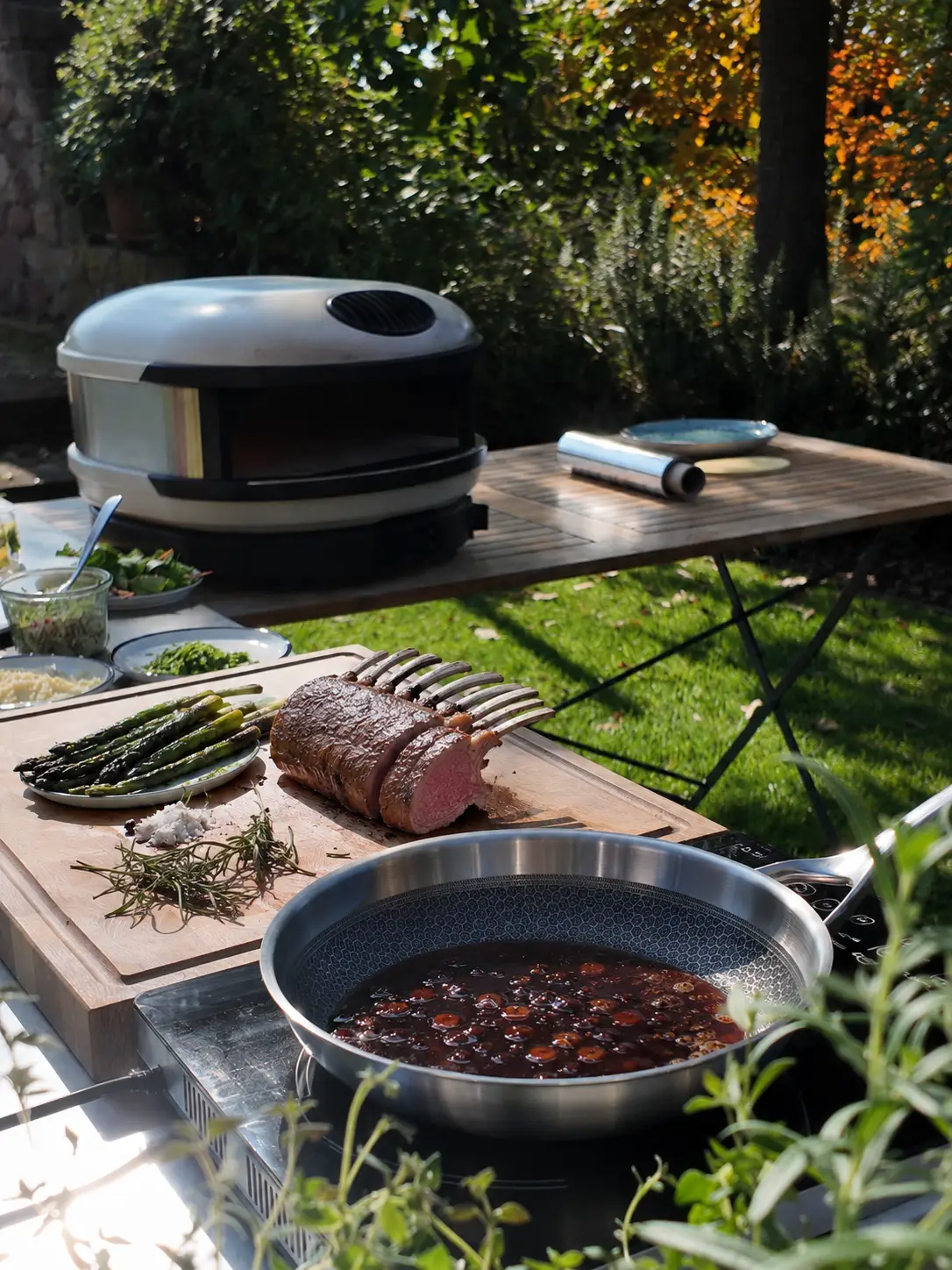 Frische Pfälzer Feigenspalten werden in einer Pfanne für ein mediterranes Dessert karamellisiert.