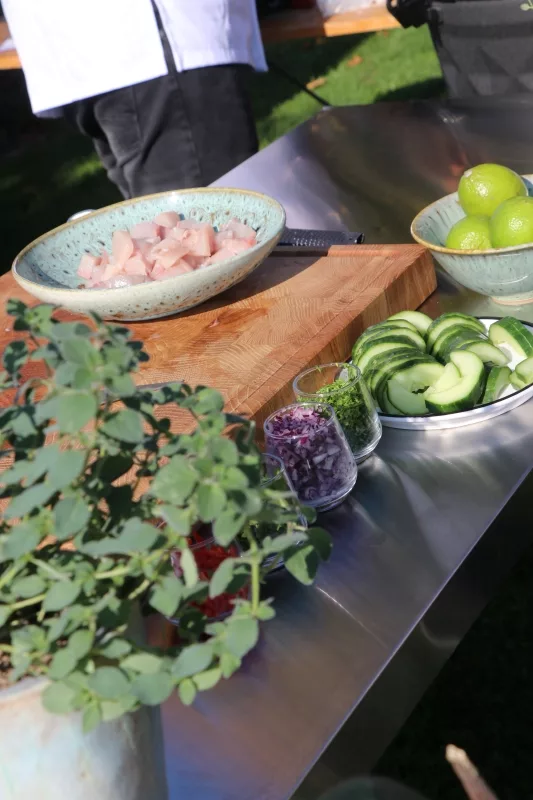 Frische Mediterrane Zutaten Frisch geschnittener Fisch, Gurken, Zwiebeln und mediterrane Kräuter bereit für die Zubereitung auf dem Live-Cooking-Event.