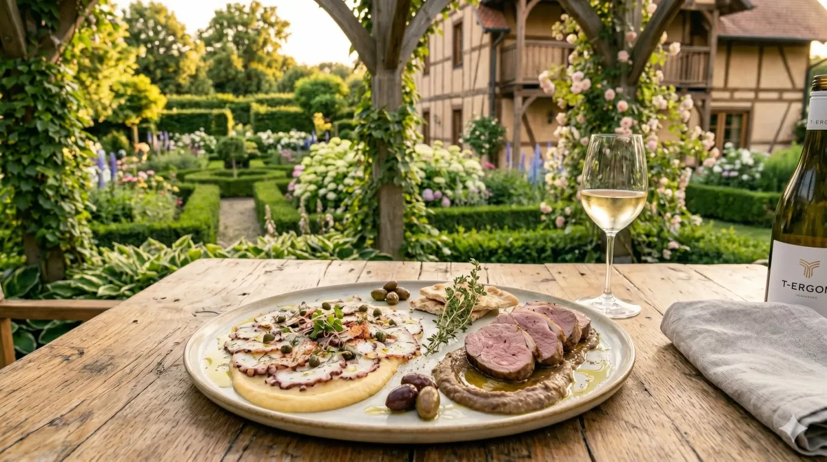 Ägäis Surf und Turf Meze Modernes griechisches Meze Gericht mit Oktopus Carpaccio auf Fava Püree und Sous Vide Lamm.