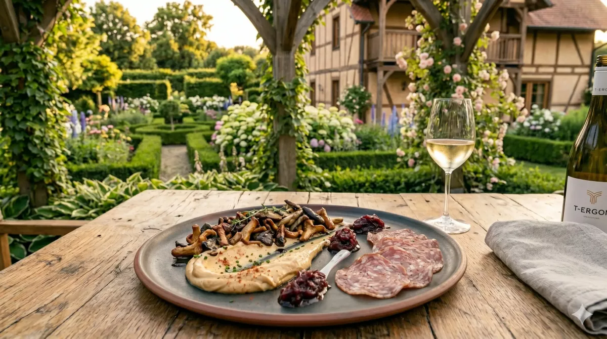 Aromen aus Nordgriechenland Rustikale mediterrane Meze Platte mit gebratenen Pilzen, Lefkada Salami und Metsovone Käse.