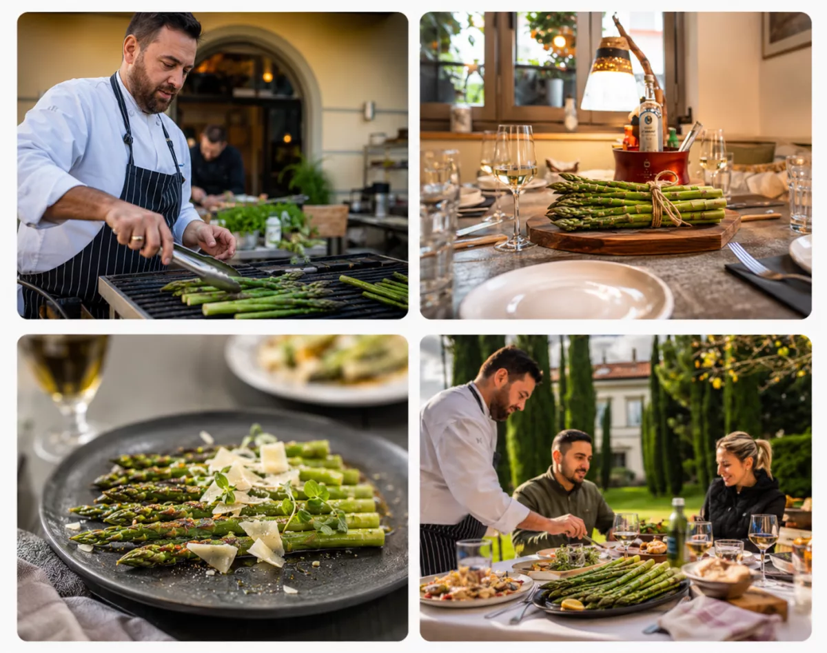 Modernes Osterlamm – Fine Dining mit Tergon Bilder-Kolage zum Spargelzeit-Erlebnis in Frankenthal: Mietkoch Chris bereitet frischen grünen Spargel auf dem Grill zu und serviert Gästen ein individuelles mediterranes Menü bei einem Private Dinner in der Rhein-Neckar-Region.