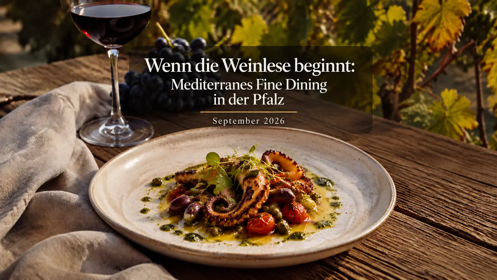 Mediterranes Fine Dining zur Pfälzer Weinlese mit Trauben und Wein im September 2026
