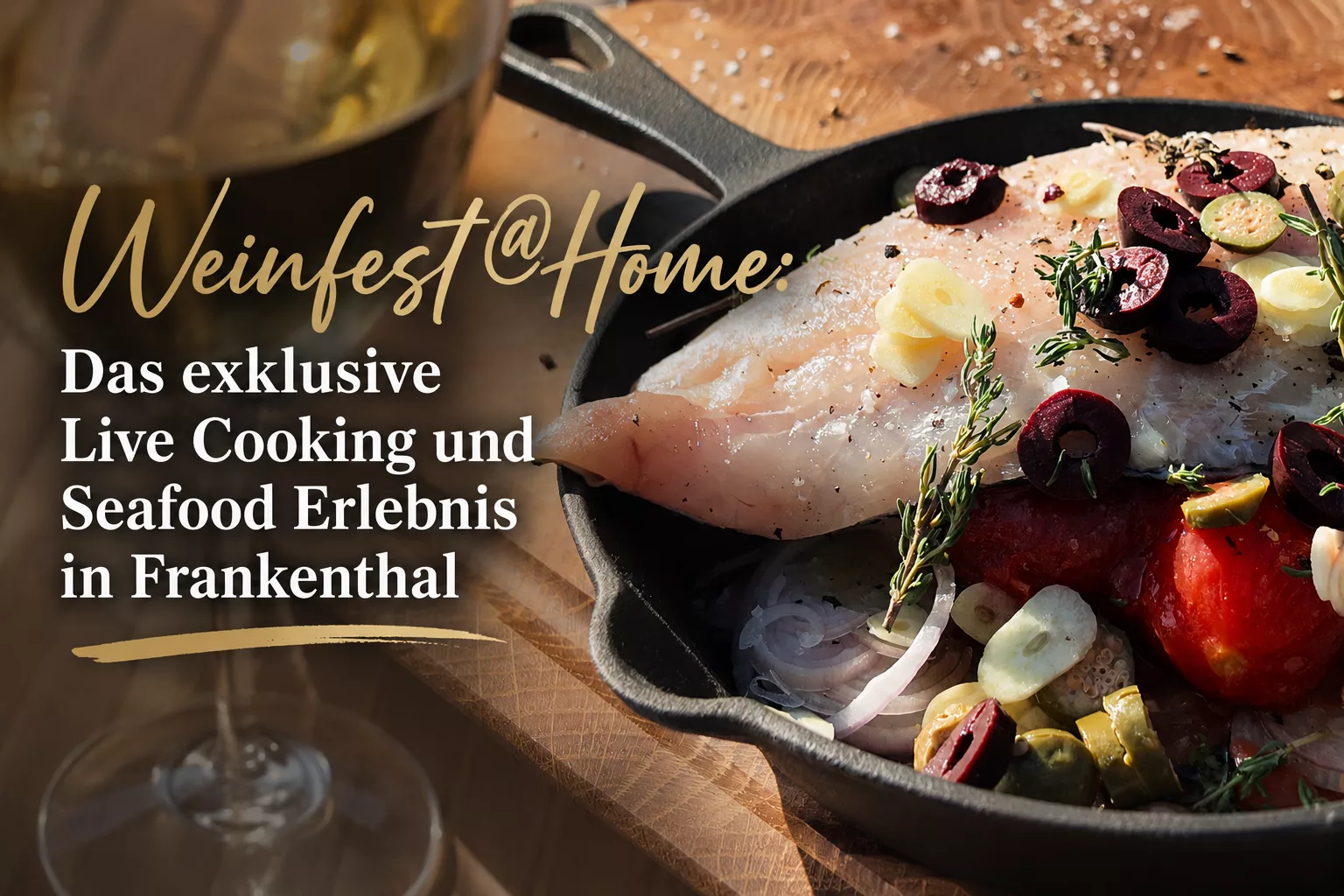 Wolfsbarsch Plancha Seafood Catering Frankenthal Frisches Wolfsbarsch-Filet mit Oliven, Tomaten und Thymian in einer gusseisernen Pfanne bereit für das Live Cooking in Frankenthal.